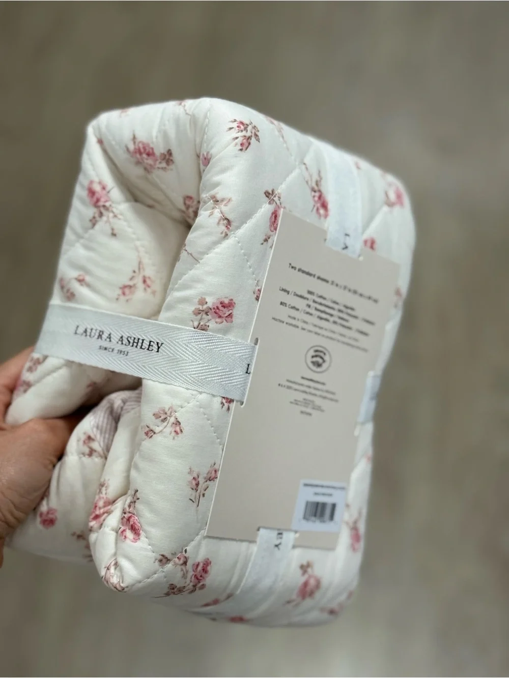 Laura Ashley Cream Quilted Pillow Sham with Pink Rose Sprigs